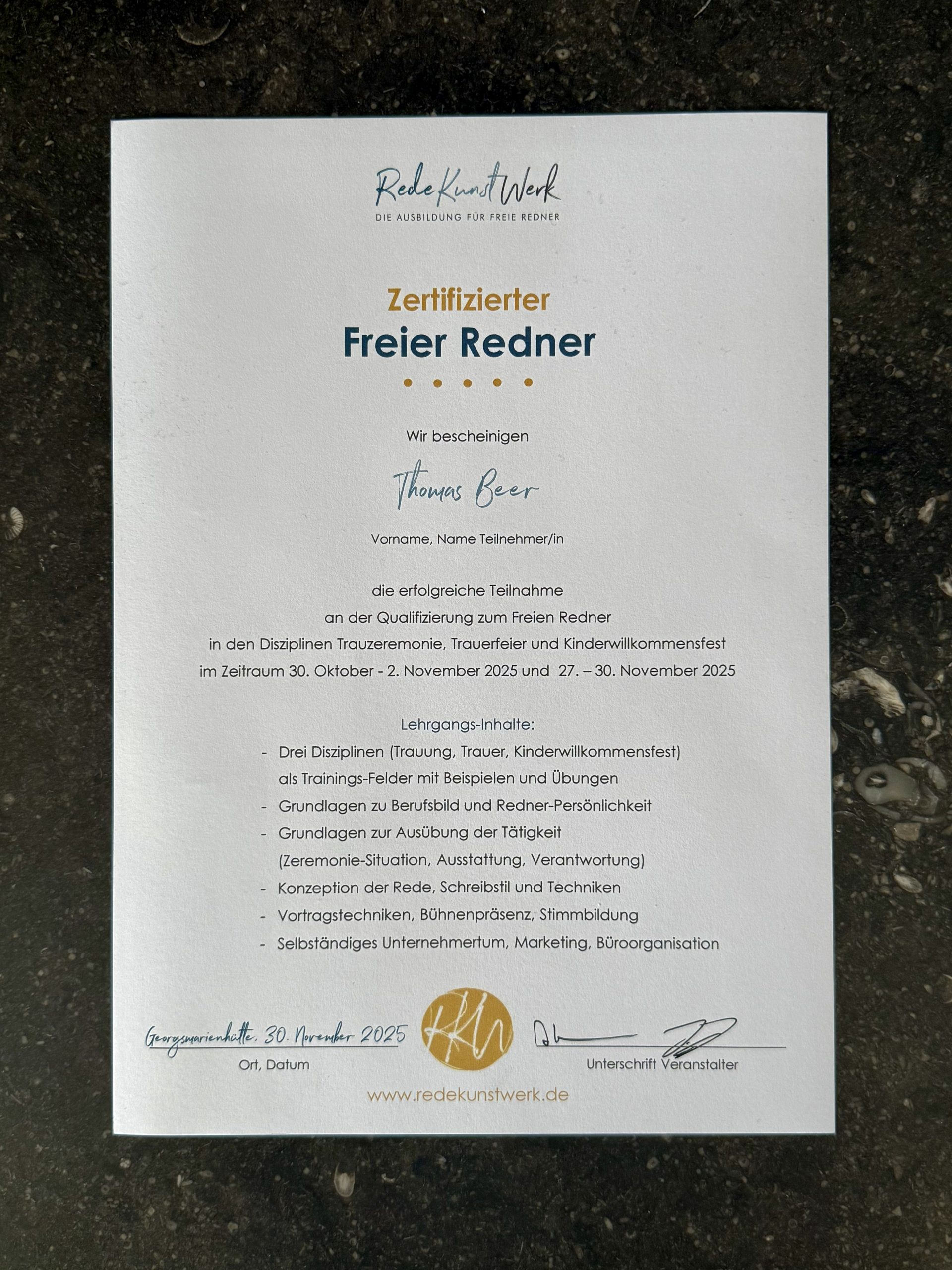 Zertifikat Redekunstwerk Thomas Beer