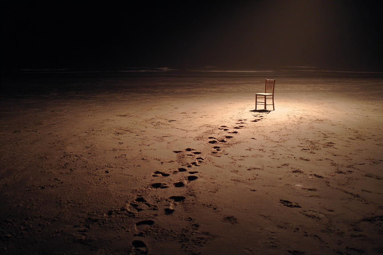 Stuhl im Licht auf Sand als Symbolbild für Trauerrede